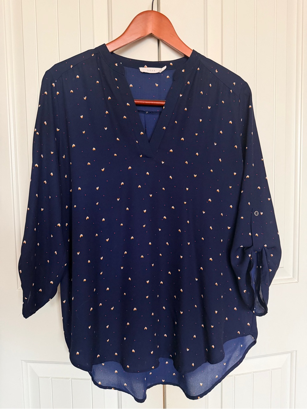 Lush Navy V-Neck Blouse with Cream Dot Print
